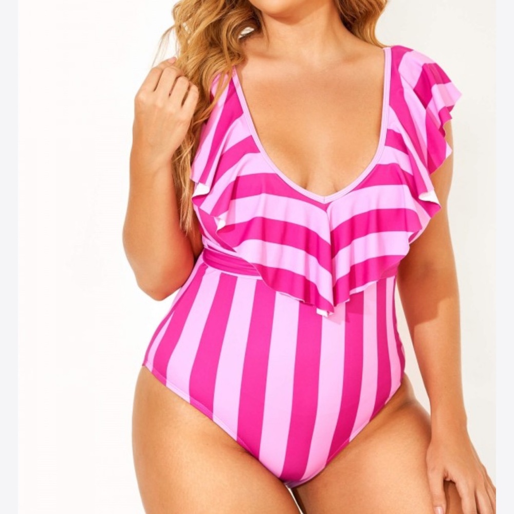 Ruffle pink strip bathing suit